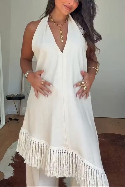 Kortnie Linen Blend Tassel Hem Halter A-line Top and High Rise Pocket Wide Leg Slit Pants Set