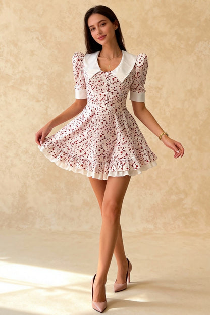 V-Neck Floral Puff Sleeve Babydoll Mini Dress