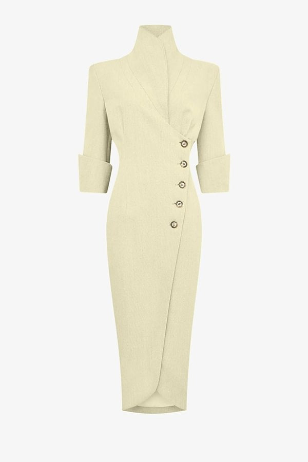 Elegant Look Linen Blend Stand Lapel Neck Half Sleeve Side Button Midi Dress