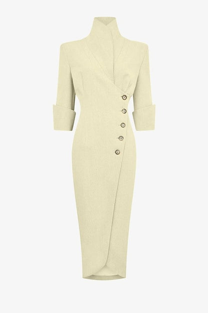 Elegant Look Linen Blend Stand Lapel Neck Half Sleeve Side Button Midi Dress