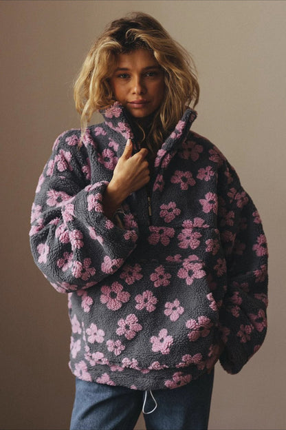 Floral Sherpa Quarter Zip Pullover Sweatshirt