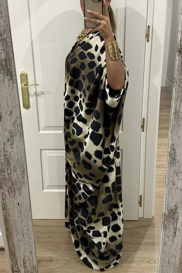 Satin Printed Rhinestone Twist Loose Kaftan Maxi Dress