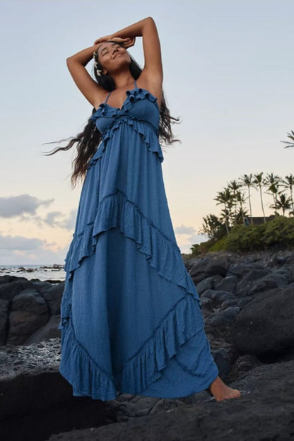 Solid Color V Neck Backless Strappy Boho Dress