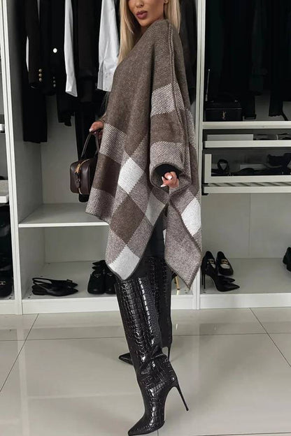 Calm and Elegant Knit Plaid Color Block Batwing Sleeve Loose Poncho