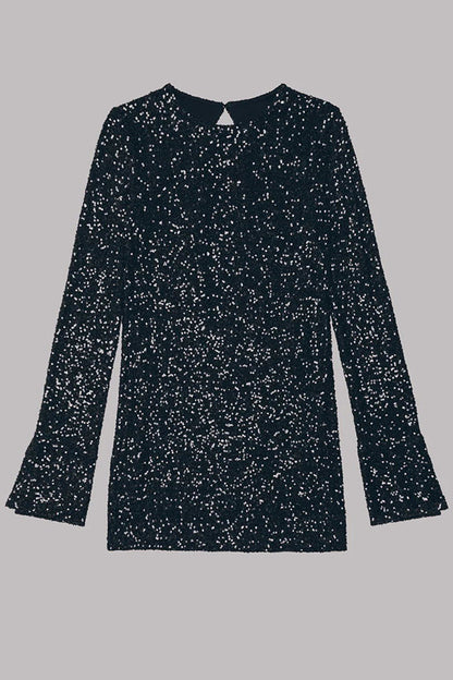 Sequin Open Back Oval Cutout Long Sleeve Mini Dress