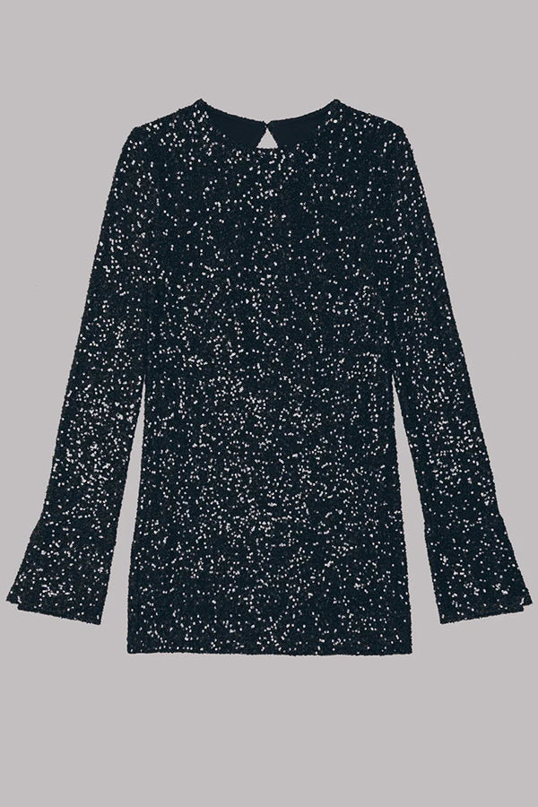 Sequin Long Sleeve Slit Cuff Crew Neck Mini Dress