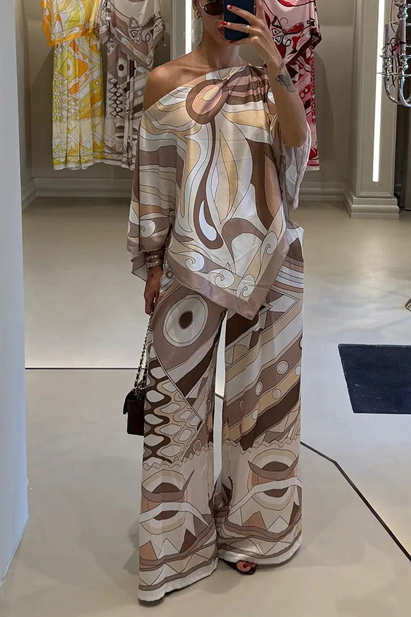 Luxe Resort Satin Unique Print Cape-style Top and Elastic Waist Pocket Wide Leg Pants Set