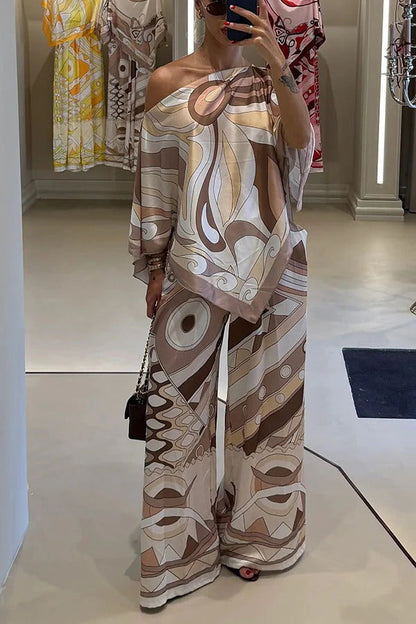 Luxe Resort Satin Unique Print Cape-style Top and Elastic Waist Pocket Wide Leg Pants Set