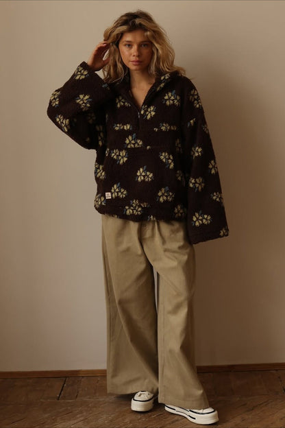 Floral Sherpa Quarter Zip Pullover Sweatshirt