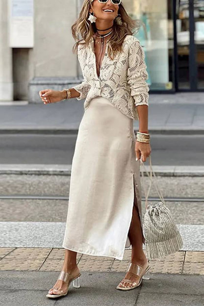 Fashion Knitted Hollow Crochet Lace Long Sleeve Shirt Top