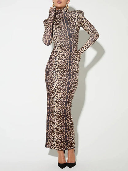 Leopard Print Mock Neck Padded Shoulder Long Sleeve Bodycon Maxi Dress