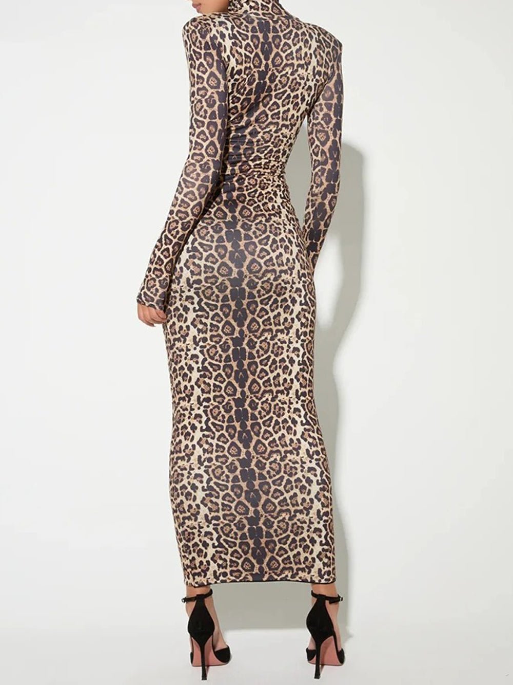 Leopard Print Mock Neck Padded Shoulder Long Sleeve Bodycon Maxi Dress