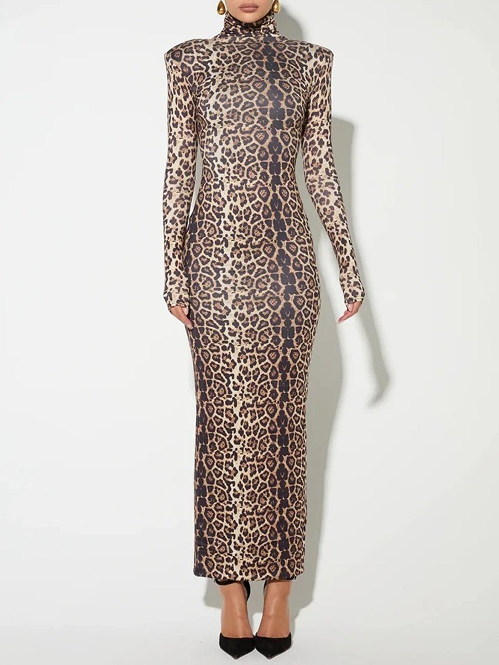 Leopard Print Mock Neck Padded Shoulder Long Sleeve Bodycon Maxi Dress