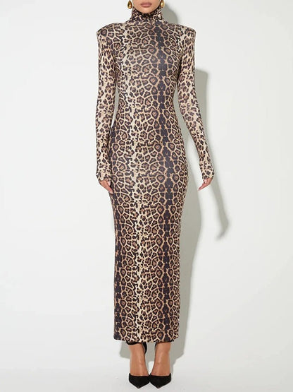 Leopard Print Mock Neck Padded Shoulder Long Sleeve Bodycon Maxi Dress