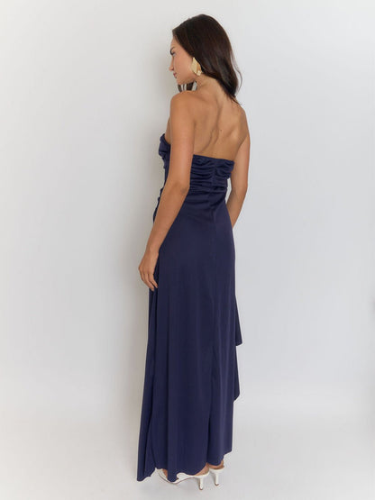 Blue Strapless Bandeau Fold Over Neck Ruched Drape High Split Maxi Dress