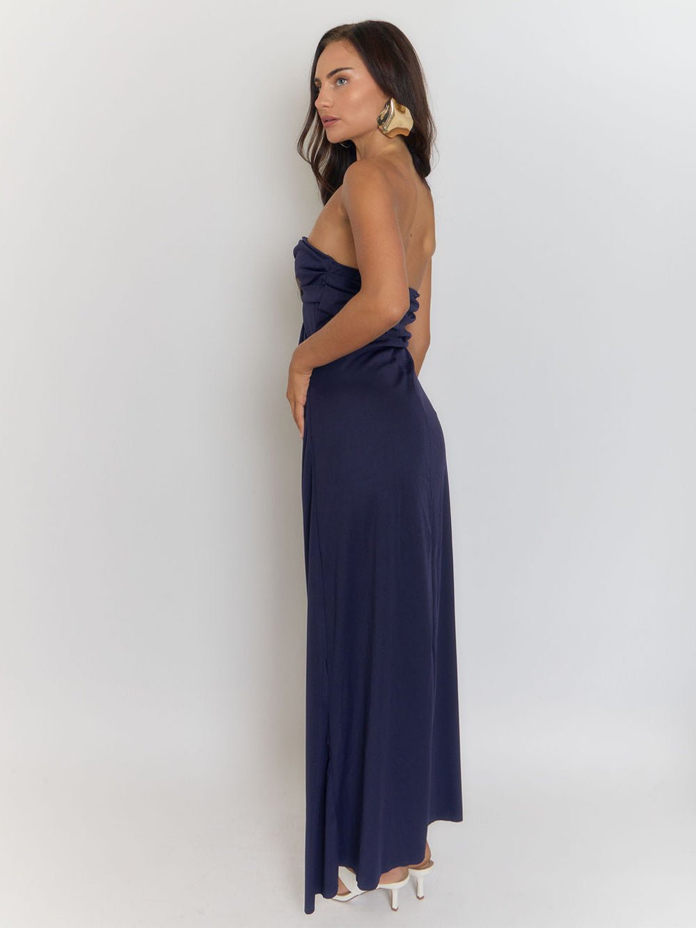Blue Strapless Bandeau Fold Over Neck Ruched Drape High Split Maxi Dress