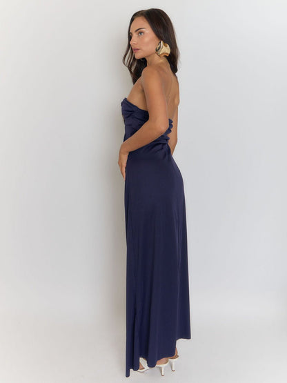 Blue Strapless Bandeau Fold Over Neck Ruched Drape High Split Maxi Dress