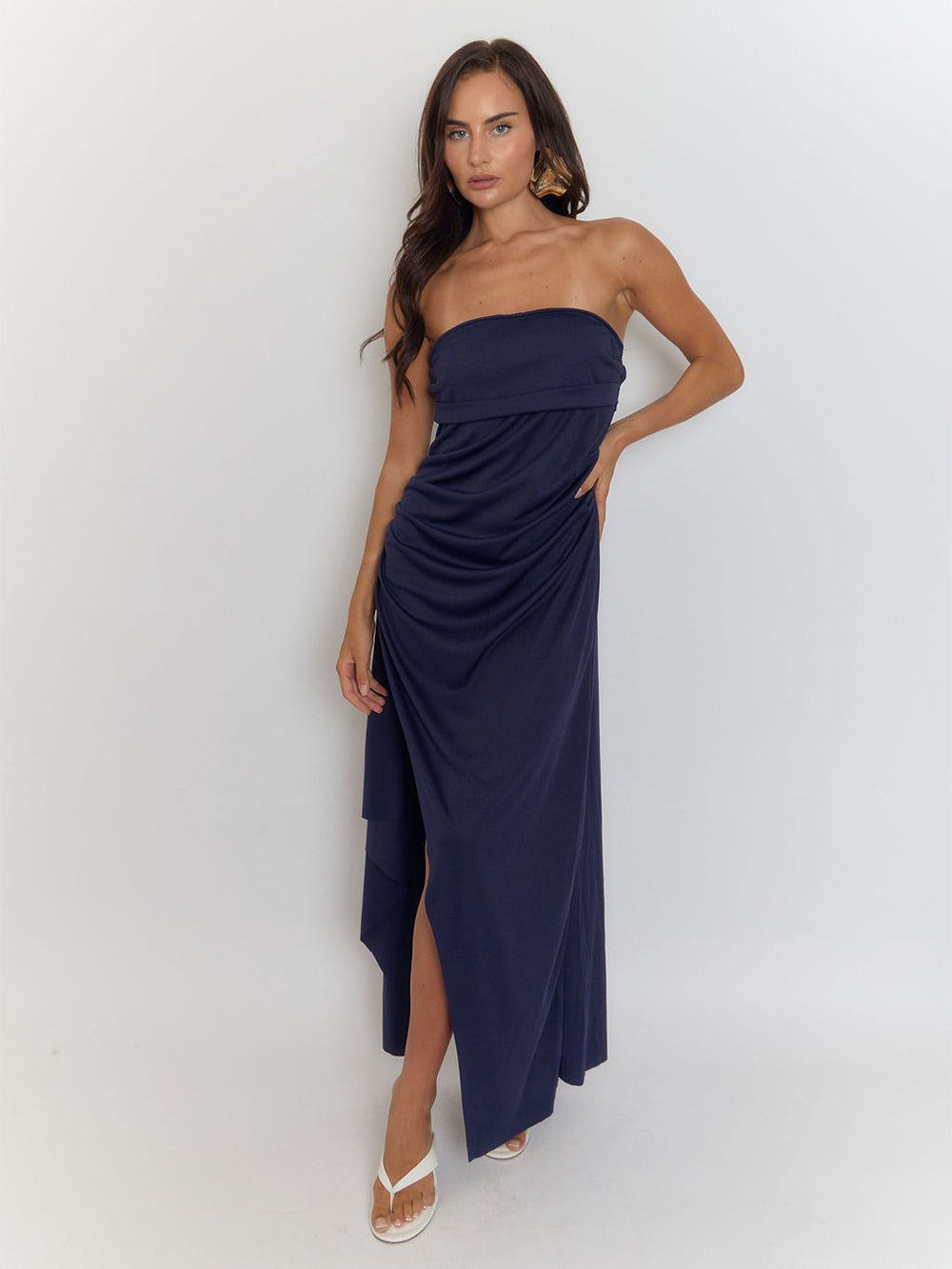 Blue Strapless Bandeau Fold Over Neck Ruched Drape High Split Maxi Dress