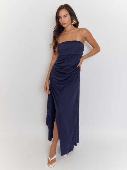 Blue Strapless Bandeau Fold Over Neck Ruched Drape High Split Maxi Dress