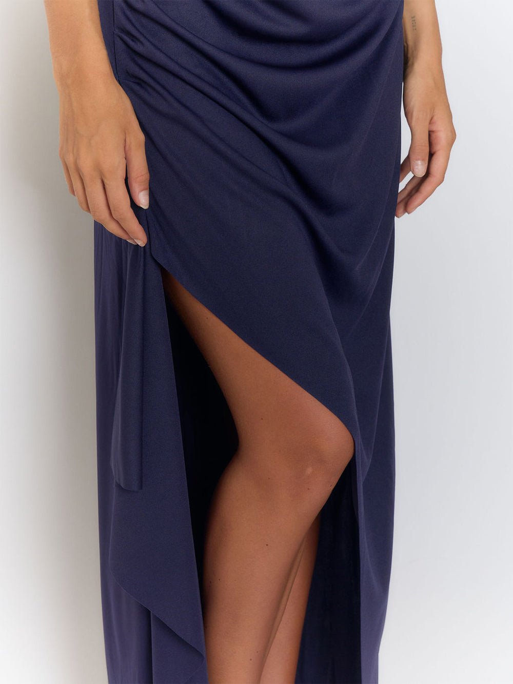 Blue Strapless Bandeau Fold Over Neck Ruched Drape High Split Maxi Dress