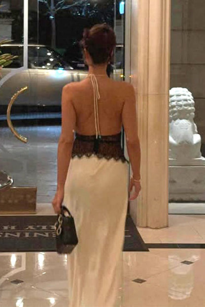 Satin Halter Deep V-Neck Lace Waist Panel Maxi Gown