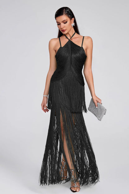 Halter Sling Maxi Fringe Hem Cocktail Dress