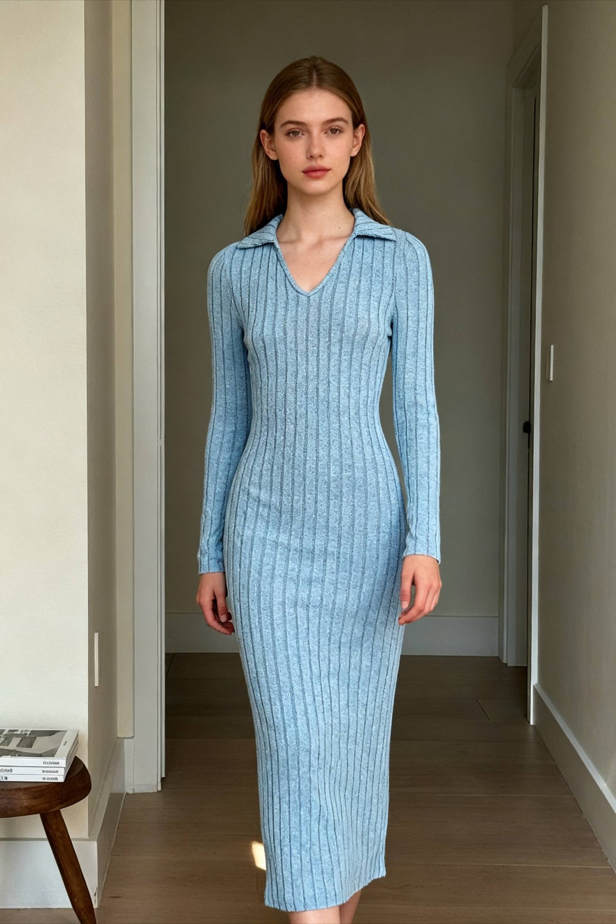 Solid Ribbed Knit Split Thigh Dress