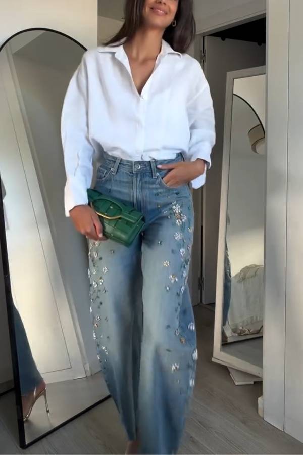 TRF HIGH RISE EMBROIDERED BARREL JEANS