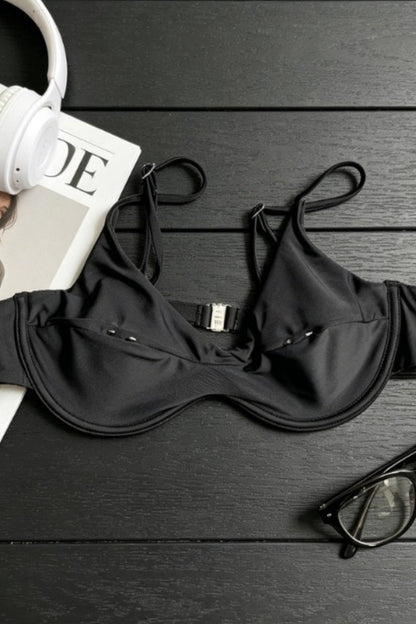 Solid Color Metal Buckle Sexy Bikini Set