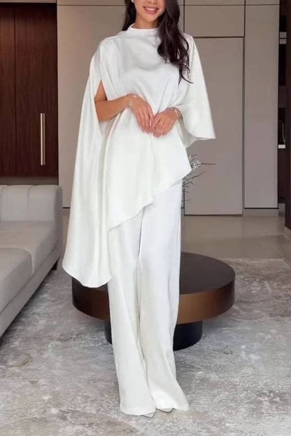 Luxury Satin Cape Top Wide Leg Pants Two Piece Set