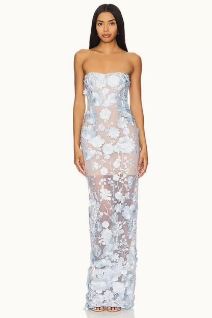 Elegant Strapless 3D Floral Embroidery Floral Dress