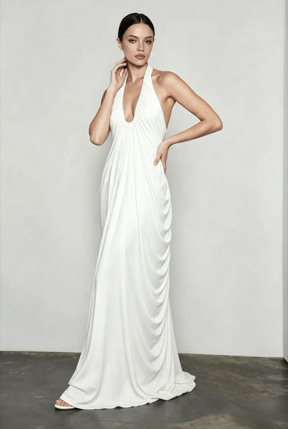 Halter Neck Deep V-Neck Draped Ruched Hip Column Maxi Gown