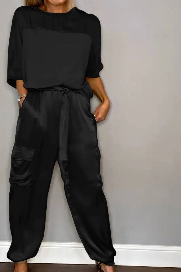 Satin Gloss Drawstring Waist-Defining Wide-Leg Workwear Set