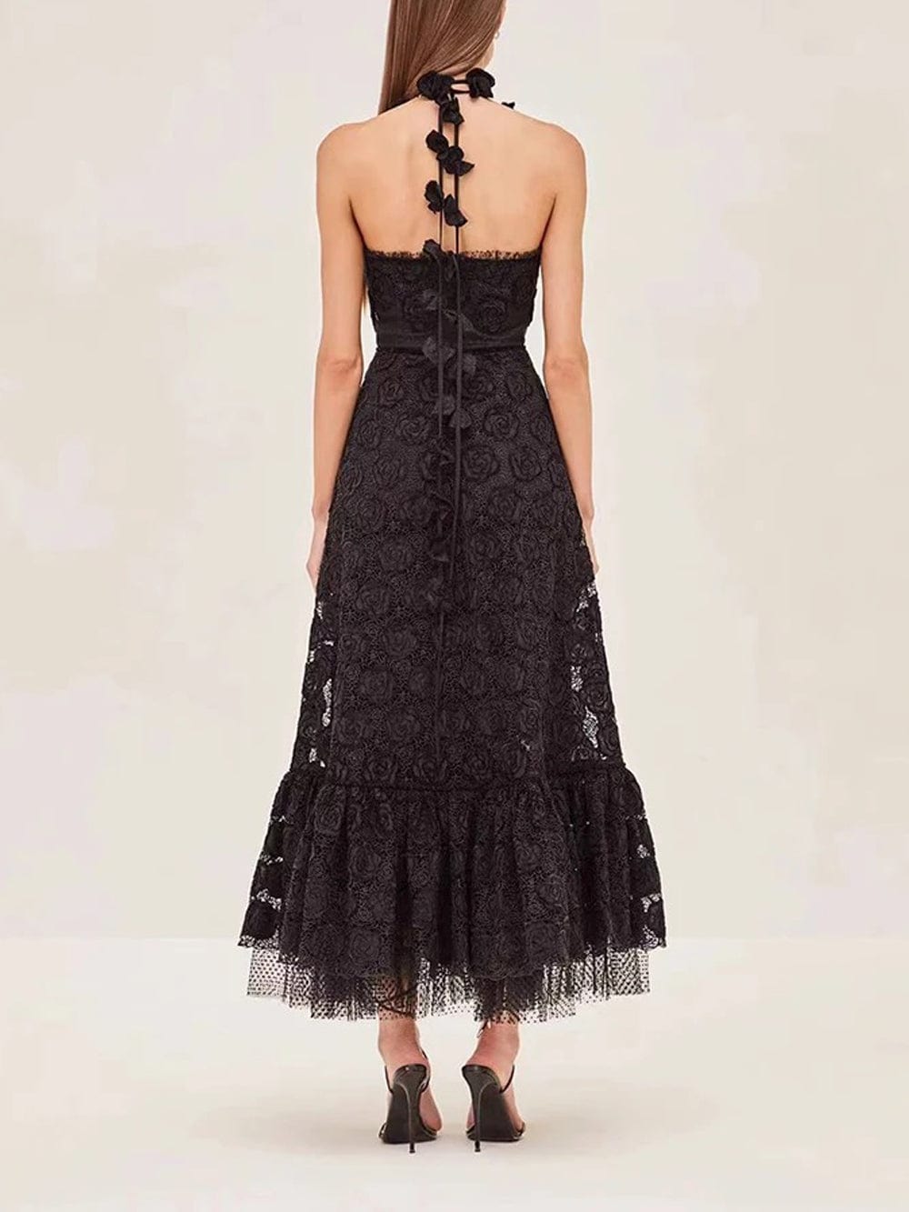 Lace Floral Rose Applique Spaghetti Strap Tiered Ruffle Maxi Dress