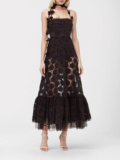 Lace Floral Rose Applique Spaghetti Strap Tiered Ruffle Maxi Dress