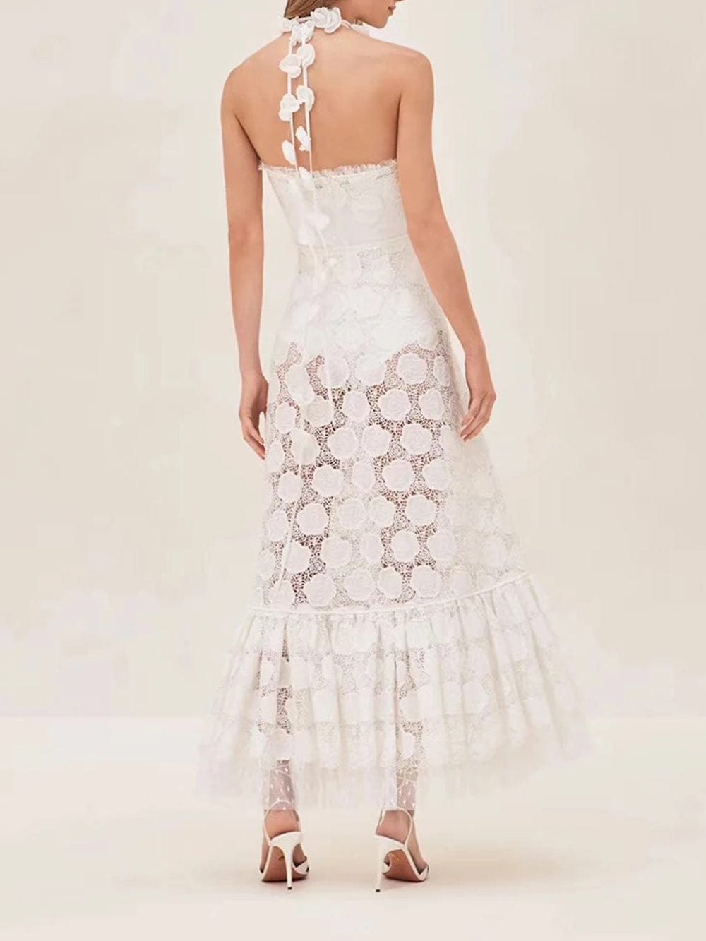 Lace Floral Rose Applique Spaghetti Strap Tiered Ruffle Maxi Dress