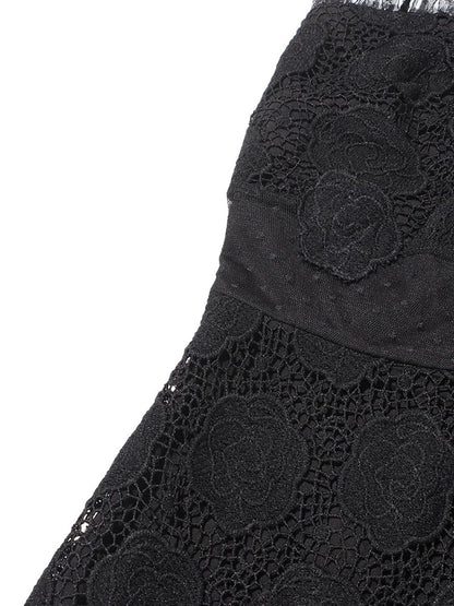 Lace Floral Rose Applique Spaghetti Strap Tiered Ruffle Maxi Dress