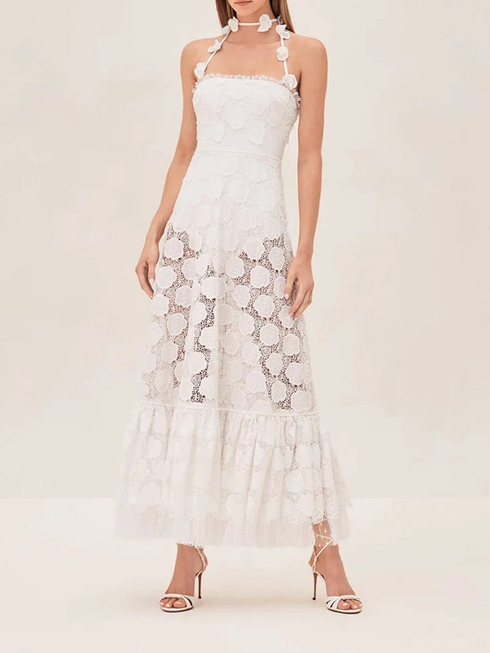 Lace Floral Rose Applique Spaghetti Strap Tiered Ruffle Maxi Dress