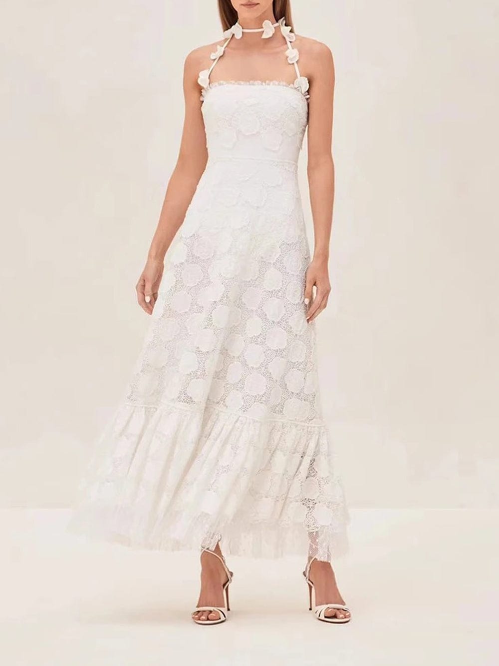 Lace Floral Rose Applique Spaghetti Strap Tiered Ruffle Maxi Dress