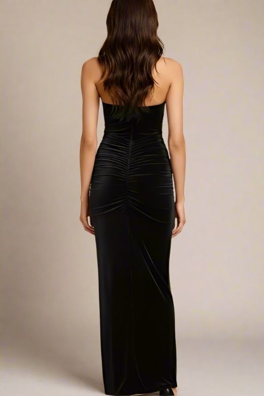 Classic Black Deep Plunge Ruched Side Panel Center Drape Bodycon Maxi Gown