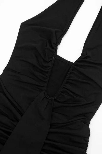 Classic Black Deep Plunge Ruched Side Panel Center Drape Bodycon Maxi Gown