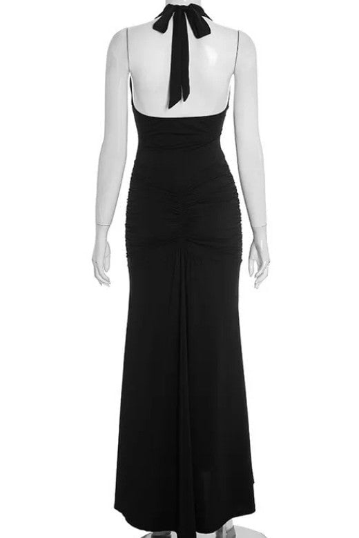 Classic Black Deep Plunge Ruched Side Panel Center Drape Bodycon Maxi Gown