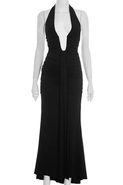 Classic Black Ruched Deep V-Neck Drape Panel Bodycon Maxi Dress