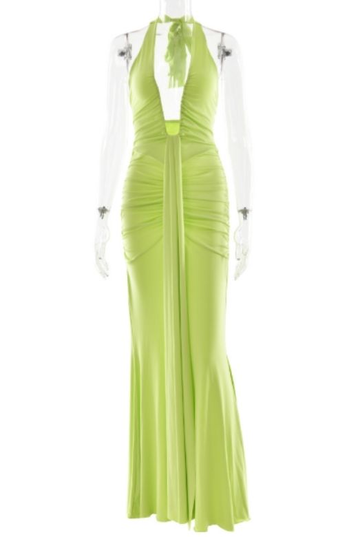 Neon Green Ruched Deep V-Neck Drape Panel Bodycon Maxi Dress