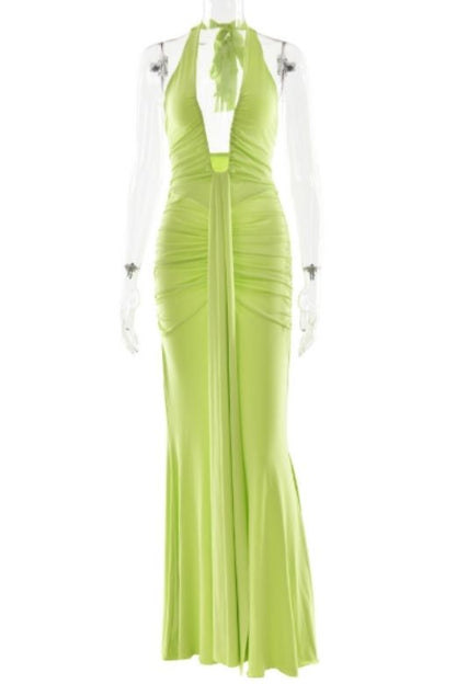 Neon Green Ruched Deep V-Neck Drape Panel Bodycon Maxi Dress