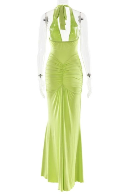 Neon Green Ruched Deep V-Neck Drape Panel Bodycon Maxi Dress