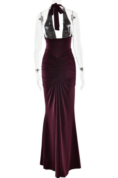 Tan Brown Deep V-Neck Halter Ruched Sash Drape Bodycon Wrap Maxi Dress