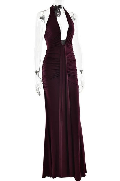 Tan Brown Deep V-Neck Halter Ruched Sash Drape Bodycon Wrap Maxi Dress