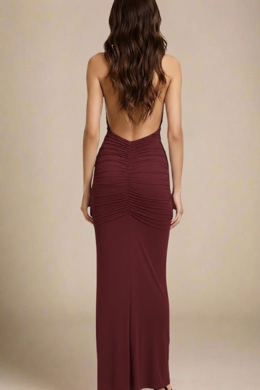 Red Wine Ruched Deep V-Neck Drape Panel Bodycon Maxi Dress