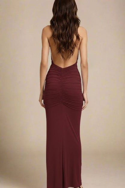 Red Wine Ruched Deep V-Neck Drape Panel Bodycon Maxi Dress